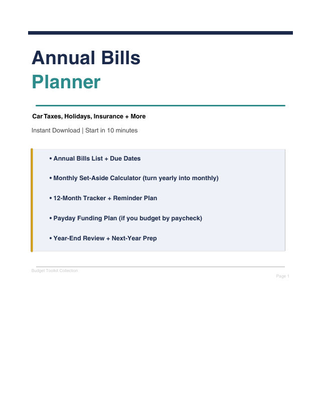 Cover page of the Annual Bills Planner